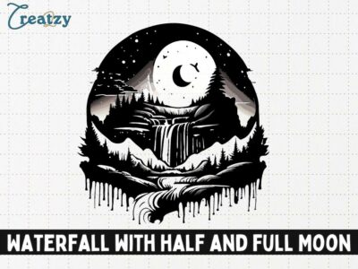 Waterfall with half and full Moon